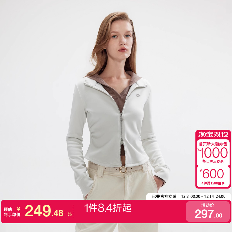 绫致ONLY2025秋冬新款小立领修身腰部捏褶拉链长袖卫衣女