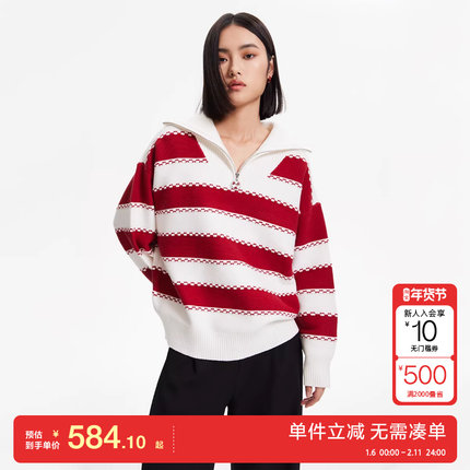 绫致Vero Moda针织衫2025冬季新款休闲舒适条纹拉链宽松长袖