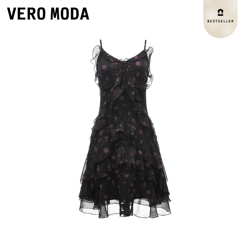 绫致Vero Moda连衣裙26荷叶边印花碎花吊带裙无领口系带