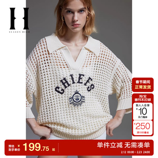 绫致SEASONHIGH NFL联名堪萨斯城酋长队女秋针织衫宽松镂空衣