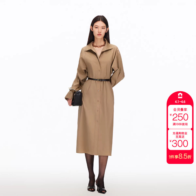 绫致Vero Moda连衣裙新款含棉捏褶腰带开衩收腰中长裙