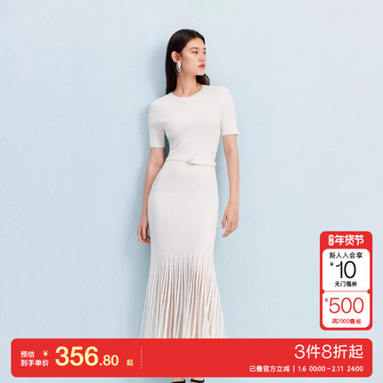 v区绫致Vero Moda连衣裙25秋冬坑条半透裙摆腰带收腰长裙百搭