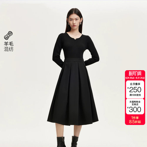 tq区绫致VeroModa连衣裙秋冬针织拼接百褶裙赫本小黑裙