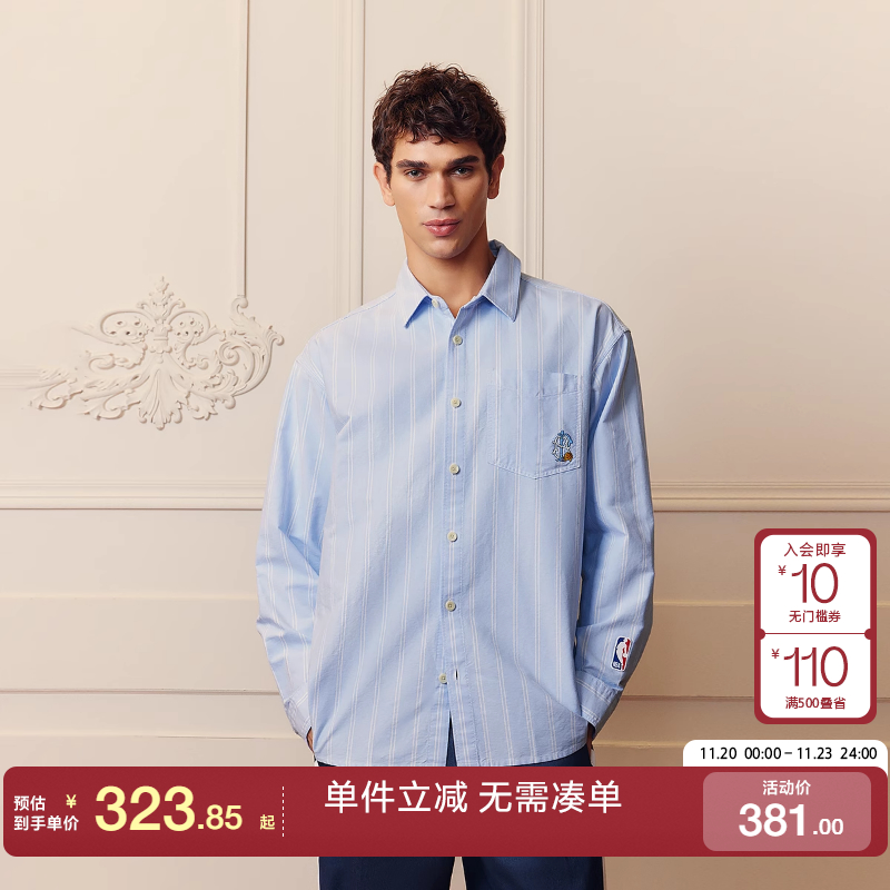 绫致杰克琼斯NBA联名男装衬衫秋季贴布印花宽松全棉翻领上衣