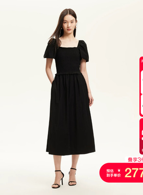 vq区绫致Vero Moda连衣裙夏季新款方领泡泡袖松紧拼接小黑裙