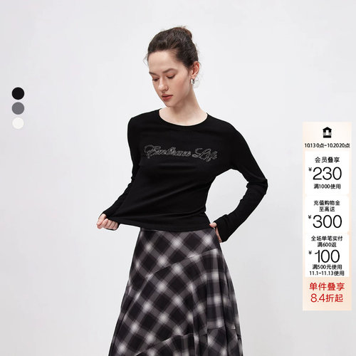 绫致ONLY2026秋冬新款修身质感烫钻舒适正肩上衣圆领T恤女