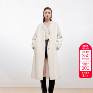 毛绒棉服女 优雅百搭纯色V领宽松长款 绫致ONLY秋季 新款