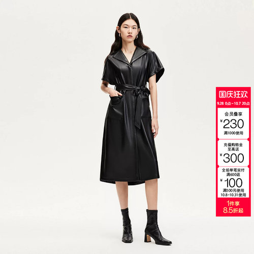 t区绫致CoutureMade连衣裙女冬磁吸扣翻领系带PU仿皮长裙