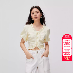 时尚 雪纺衫 通勤少女修身 短款 女潮 泡泡袖 绫致ONLY春夏新款