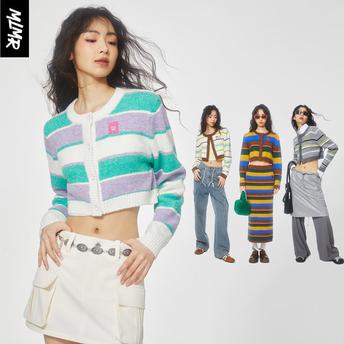 绫致MLMR多巴胺穿搭女条纹针织衫甜辣小上衣糖果色开衫毛衣