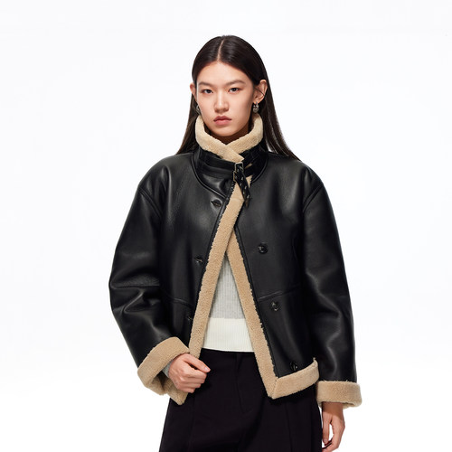 绫致Vero Moda短外套25秋冬PU拼接毛绒宽松百搭外套个性时尚