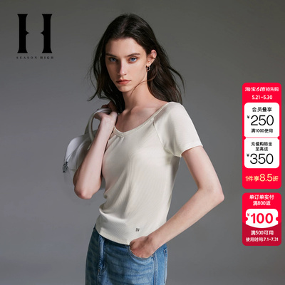 绫致SEASONHIGH女士款圆领T恤插肩袖设计金属字母装饰上衣女