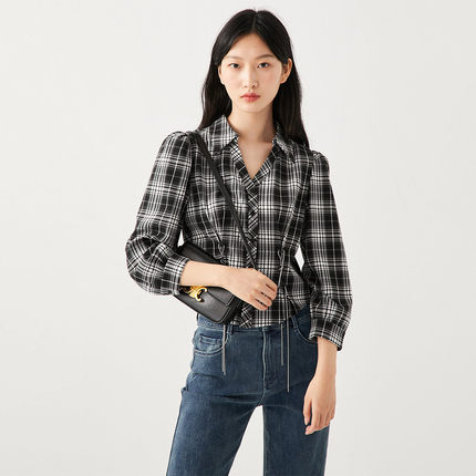 tq区绫致Vero Moda衬衫女秋冬复古格纹七分袖收腰简约