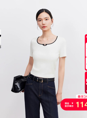vq区绫致Vero ModaT恤女26夏新撞色短款金属扣饰圆领上衣通勤百搭