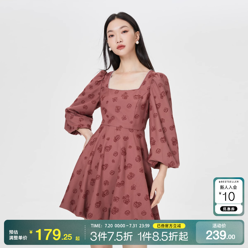tq区绫致Vero Moda连衣裙2025春夏玫瑰钉珠方领七分泡泡袖潮流
