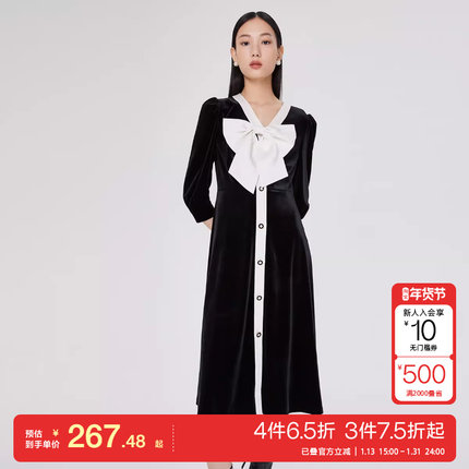 t区绫致Vero Moda连衣裙秋冬小香风领结复古丝绒裙气质