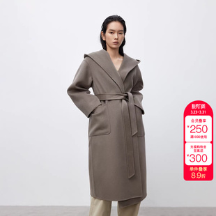 绫致ONLY冬季 双面呢浴袍连帽设计收腰毛呢大衣女 新款