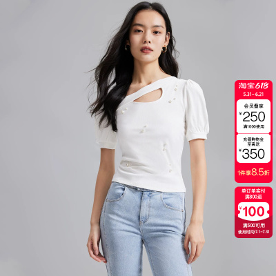 绫致Vero Moda T恤女春夏新甜美优雅镂空钉珠泡泡袖上衣时尚