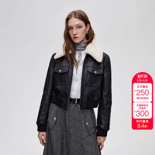 绫致ONLY冬季 保暖羊毛领质感羊皮真皮夹克外套女 新款