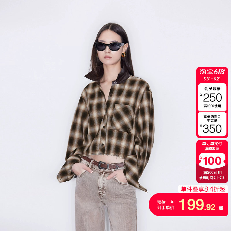 绫致ONLY春夏新款时髦百搭宽松拼接翻领短款格纹衬衫女潮