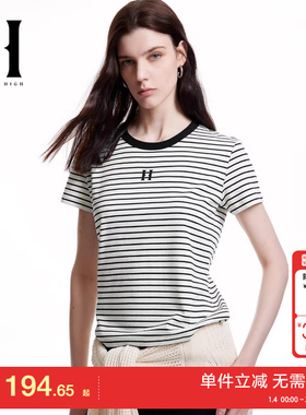 绫致SEASON HIGH时尚百搭潮流圆领领型合身条纹印花短袖t恤女
