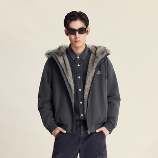 绫致杰克琼斯男生秋冬棉衣25年连帽毛领长袖 百搭上衣 外套美式