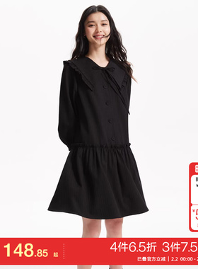 t区绫致Vero Moda连衣裙25春夏黑色七分袖海军领暗纹短裙女时尚