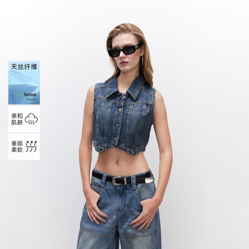 绫致ONLY夏季新款柔软亲肤翻领皮牌短款显瘦牛仔马甲女