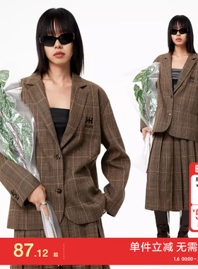 绫致MLMR秋冬辣妹双腰头学院千鸟格西服外套百褶半身裙套装