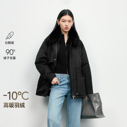 v区绫致Vero Moda羽绒服女2025冬90白鹅绒抽绳狐狸毛领工装羽绒