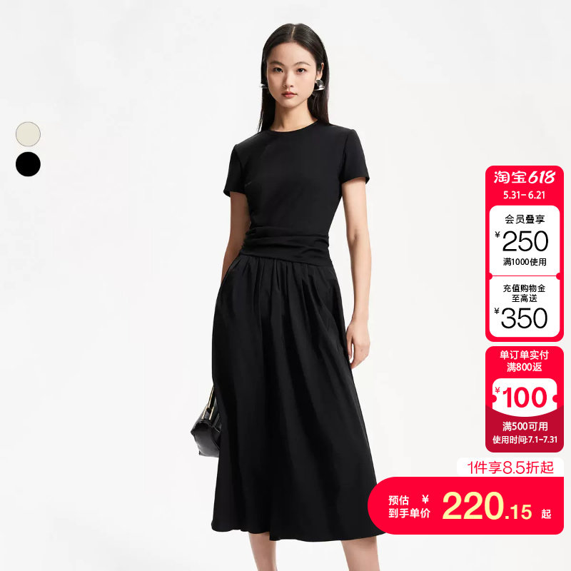t区绫致Couture Made连衣裙秋冬新圆领短袖褶皱长裙通勤