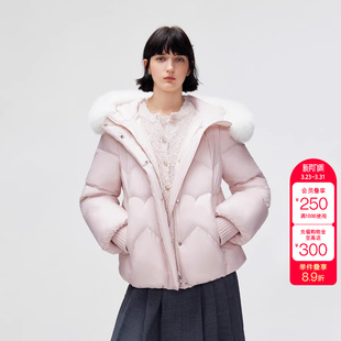 绫致ONLY冬季 甜美心形绗缝狐狸毛领连帽羽绒服女 新款