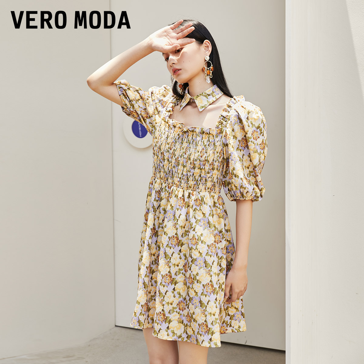 [3件7折起]Vero Moda2023夏新松紧方领印花茶歇碎花连衣裙女