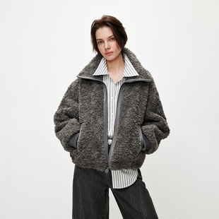 绫致ONLY2026春季 PU包边仿羊羔毛仿皮草两穿领型棉衣棉服女 新款