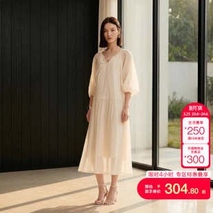 V领宽松袖 新款 笼捏褶拼接裙摆 Moda连衣裙夏季 vq区绫致Vero