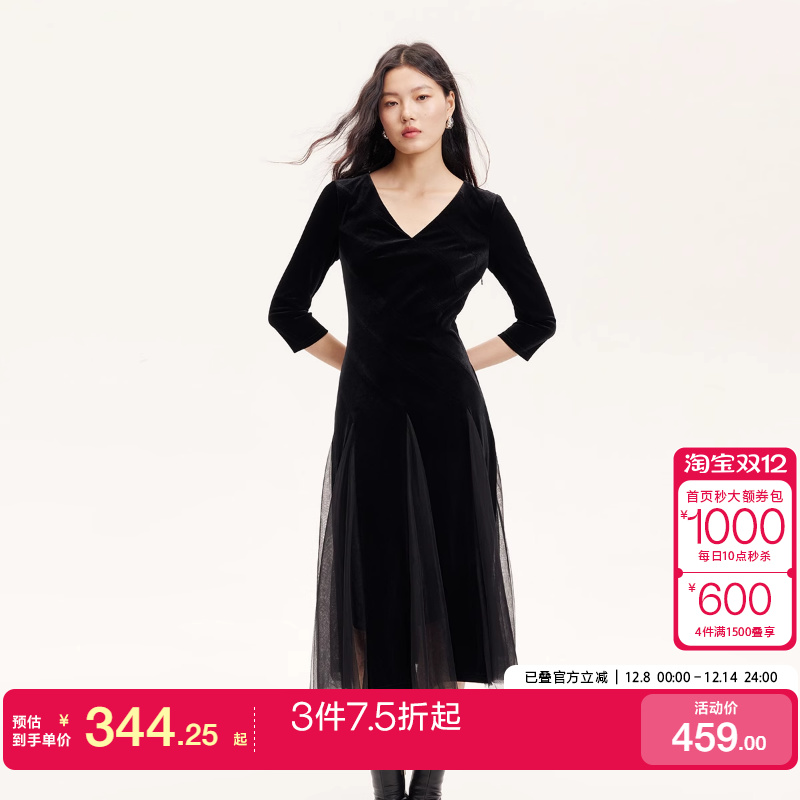 v区绫致Vero Moda连衣裙秋冬丝绒裙拼接网纱显瘦小黑裙优雅