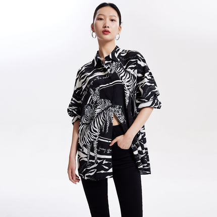 tq区绫致Vero Moda衬衫女秋冬休闲设计感斑马纹印花落肩