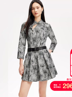 vq区绫致Vero Moda连衣裙女25春夏款新中式搭扣印花七分袖百褶