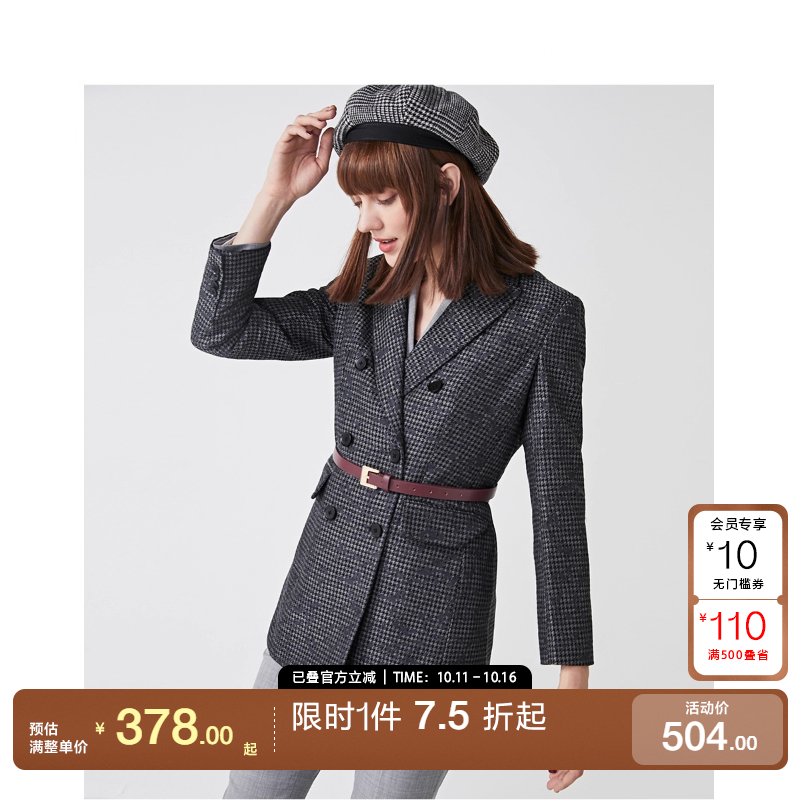 绫致千鸟格双排扣毛呢外套新品