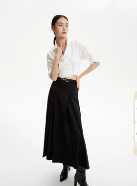 tq区绫致Vero Moda半裙春夏黑色自带腰带百褶长裙女