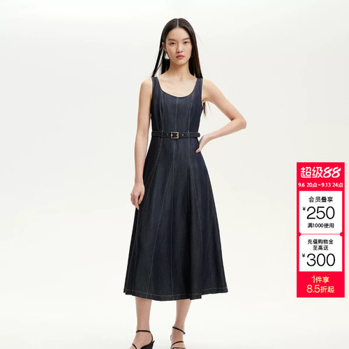 tq区绫致Vero Moda连衣裙女夏丹宁风原色腰带牛仔背心长裙