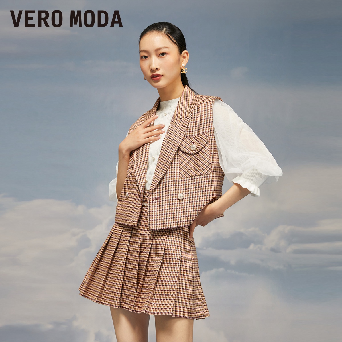 t区绫致Vero Moda25春夏复古格纹背心马甲短裙套装女士时尚潮流