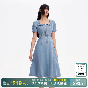 复古方领A字中长款 tq区绫致ONLY25春夏新时尚 牛仔连衣裙女百搭