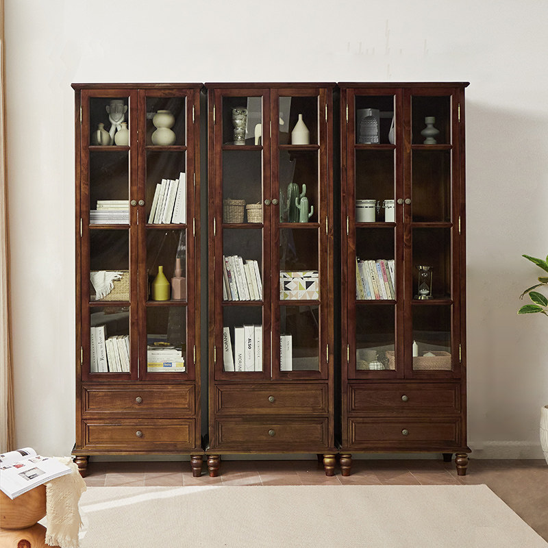 美式书柜带玻璃门全实木置物架现代简约落地客厅书房靠墙展示柜子
