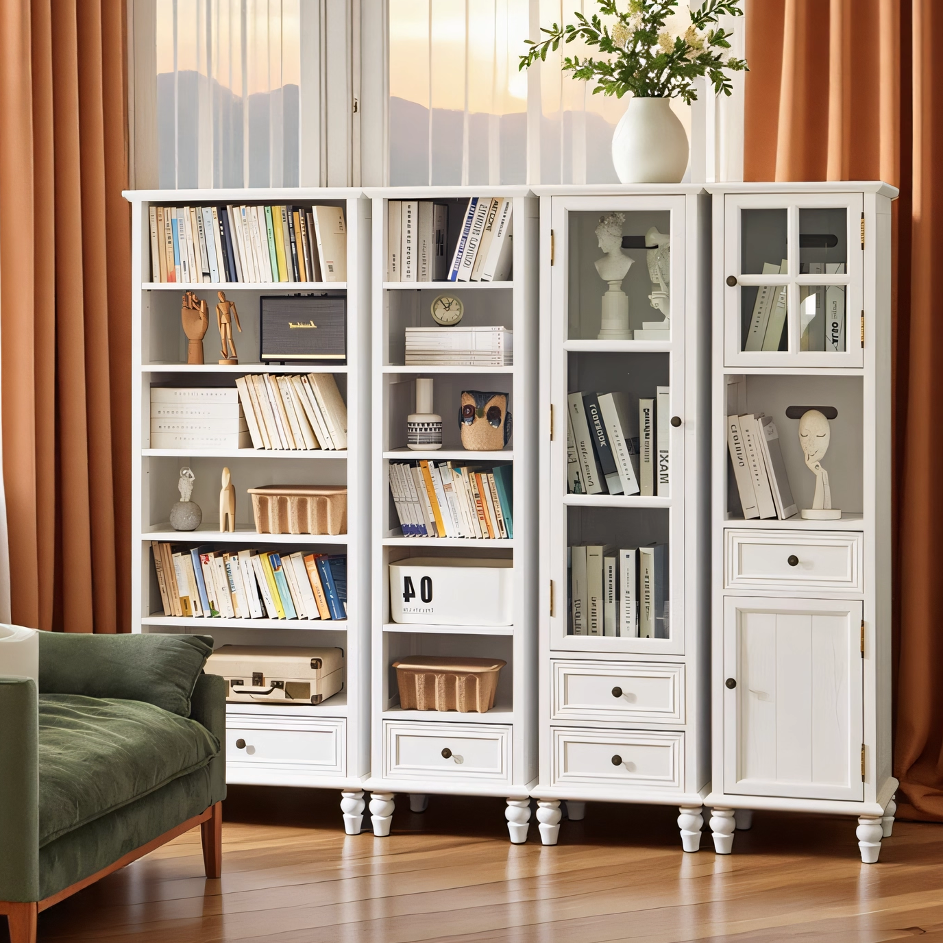 美式书柜现代简约全实木带玻璃门置物架落地客厅书房靠墙展示书柜