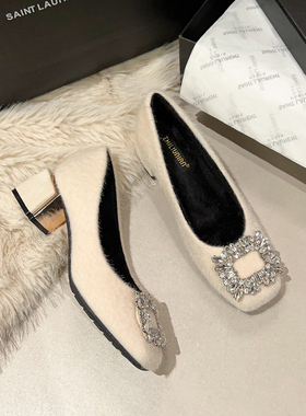 法式气质加绒高跟鞋女2025新款冬季白色毛毛鞋绝美晚晚鞋粗跟单鞋