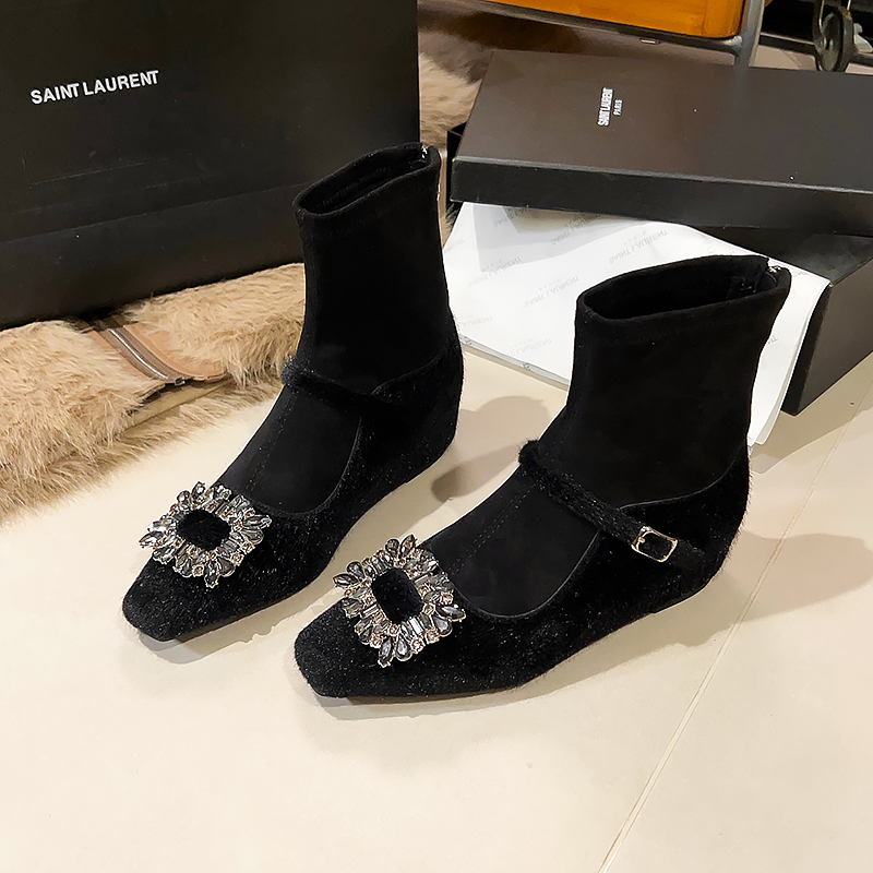 法式内增高加绒袜靴女2025冬新款靴子小方头短靴黑色弹力靴瘦瘦靴