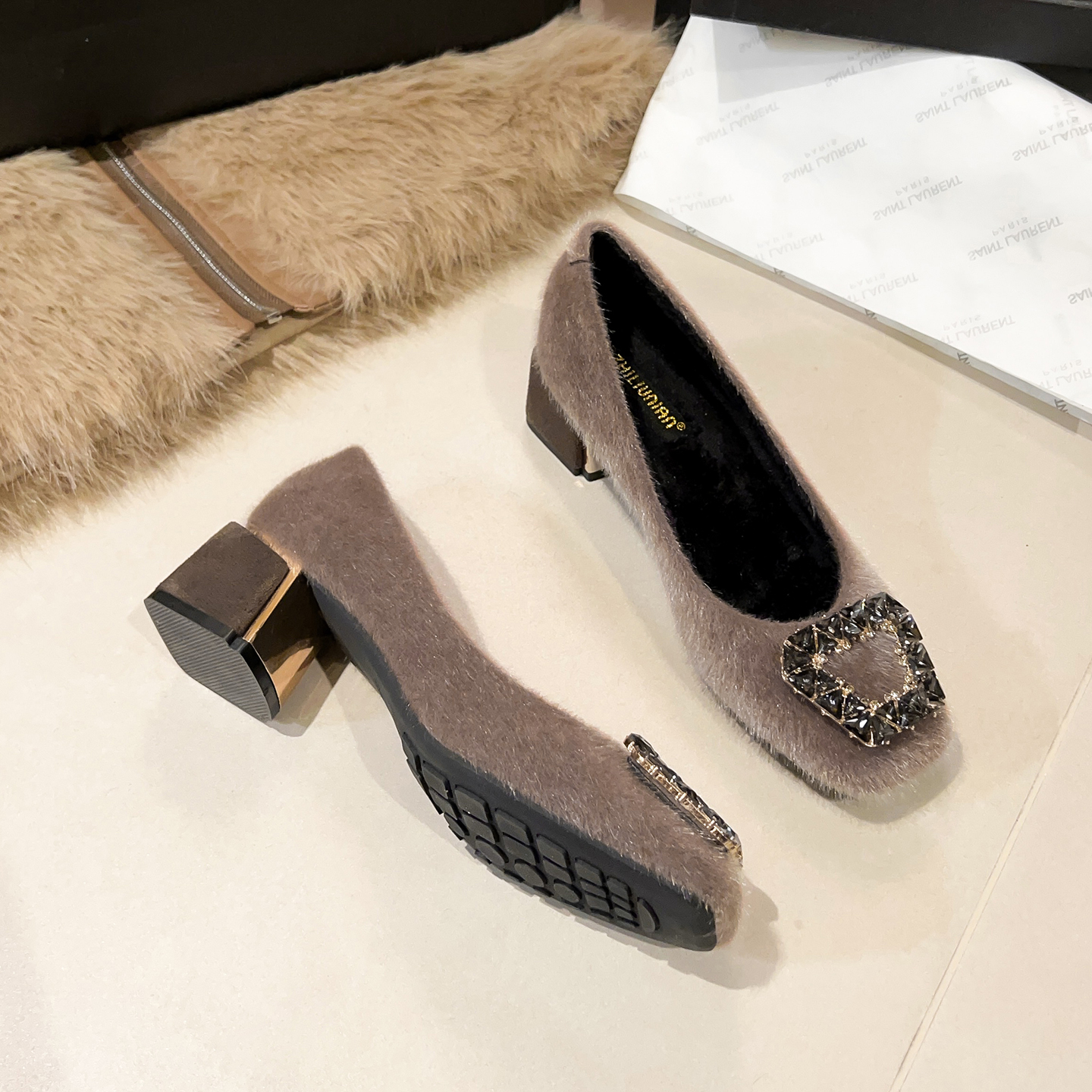 法式配裙子气质加绒高跟鞋晚晚鞋