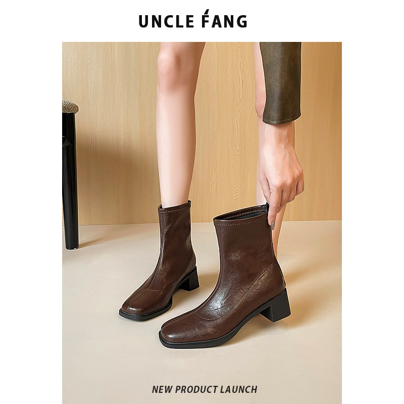 粗跟短筒马丁靴女2025秋冬新款英伦高跟复古软皮后拉链切尔西短靴,女鞋,切尔西靴,淘宝优惠券,粉丝福利购,淘宝优惠卷