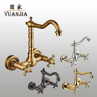 全铜仿古入墙龙头洗脸盆双把双孔可旋转挂墙式 欧式 复古冷热水龙头
